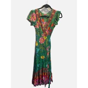 Ruby Yaya Wrap Dress Womens Small Green‎ Floral Beaded Boho Summer Midi Flutter